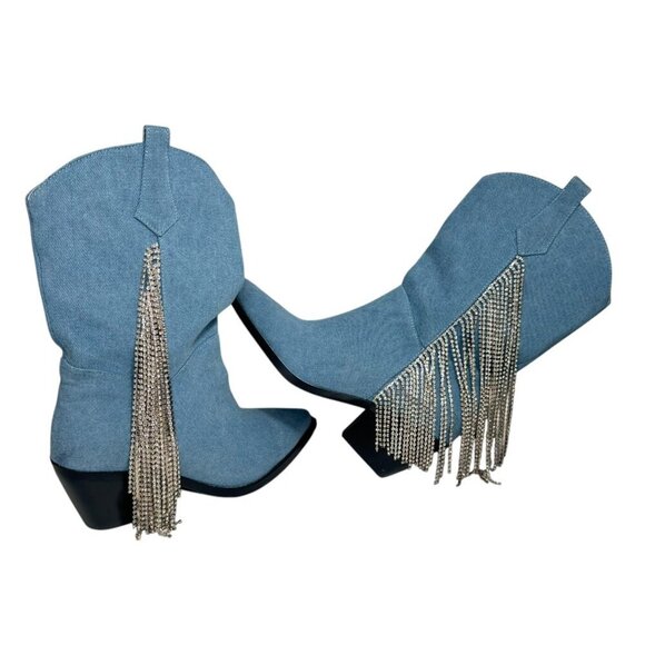 Azalea Wang TooCute Denim Rhinestone Fringed Mid Calf Cowboy Boots Size 7 NEW - Picture 7 of 12